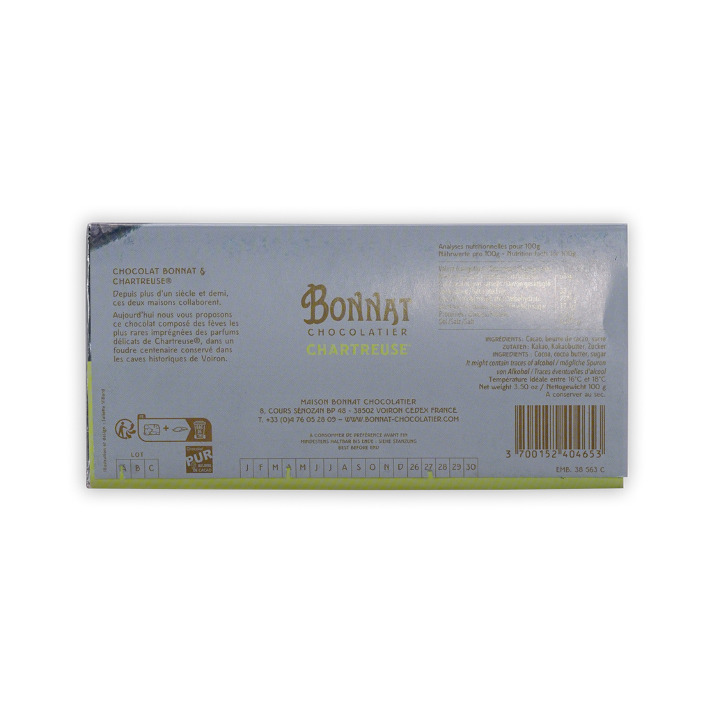 Back of the pale Bonnat Chartreuse wrapper with French maker text, ingredients, a nutrition table, and barcode.