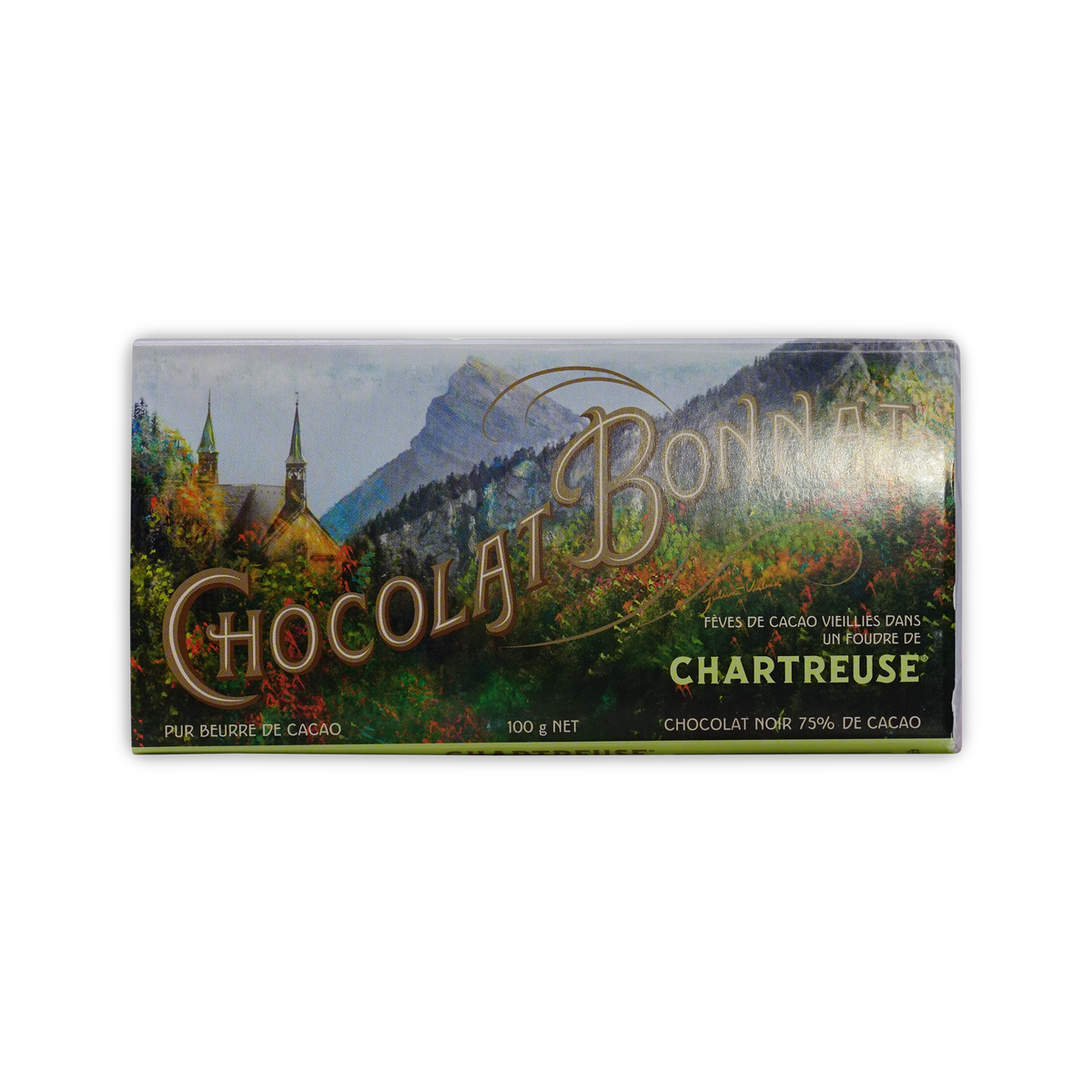 Chocolat Bonnat Chartreuse bar in a wrapper printed with a mountain monastery landscape, 75% cacao, 100 g.