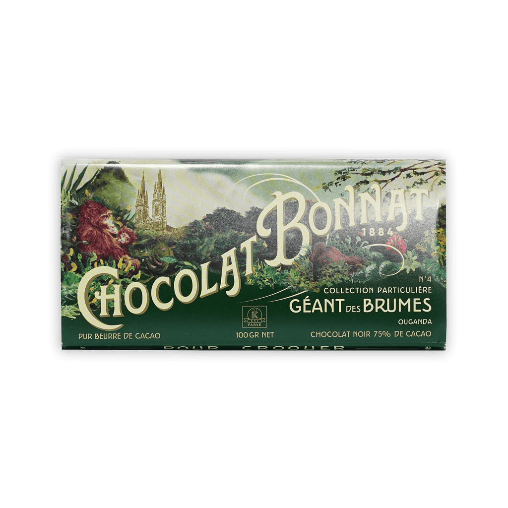 Chocolat Bonnat bar, green foil with jungle and gorilla illustration, Geant des Brumes Ouganda, dark chocolate 75% cacao, 100 g