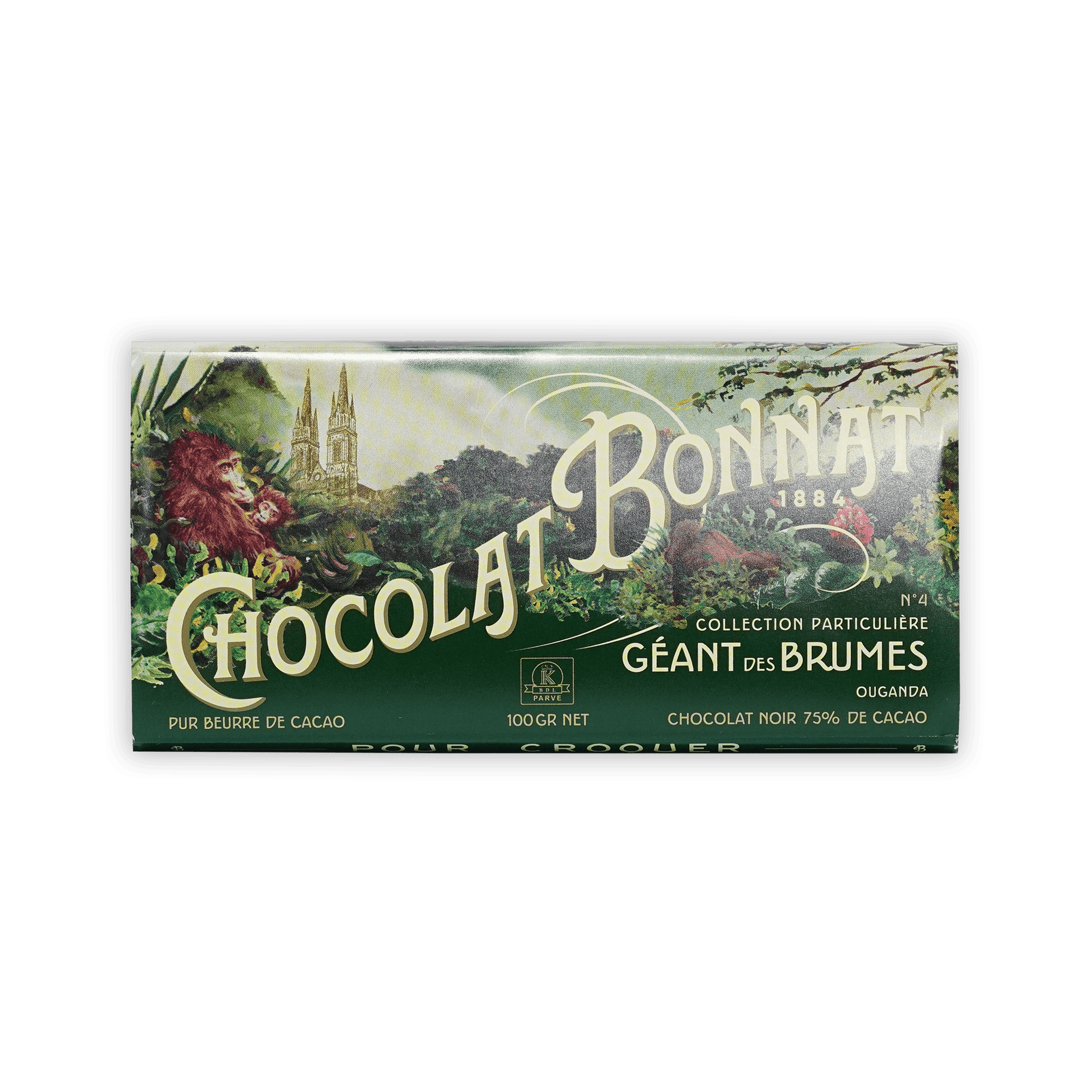 Chocolat Bonnat bar, green foil with jungle and gorilla illustration, Geant des Brumes Ouganda, dark chocolate 75% cacao, 100 g