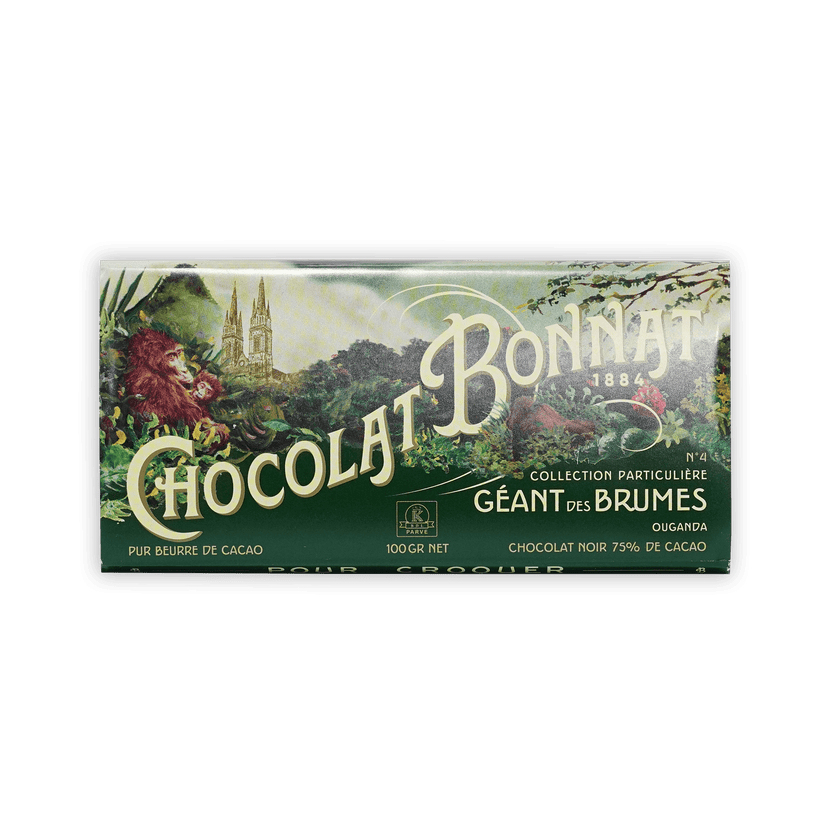 Chocolat Bonnat bar, green foil with jungle and gorilla illustration, Geant des Brumes Ouganda, dark chocolate 75% cacao, 100 g