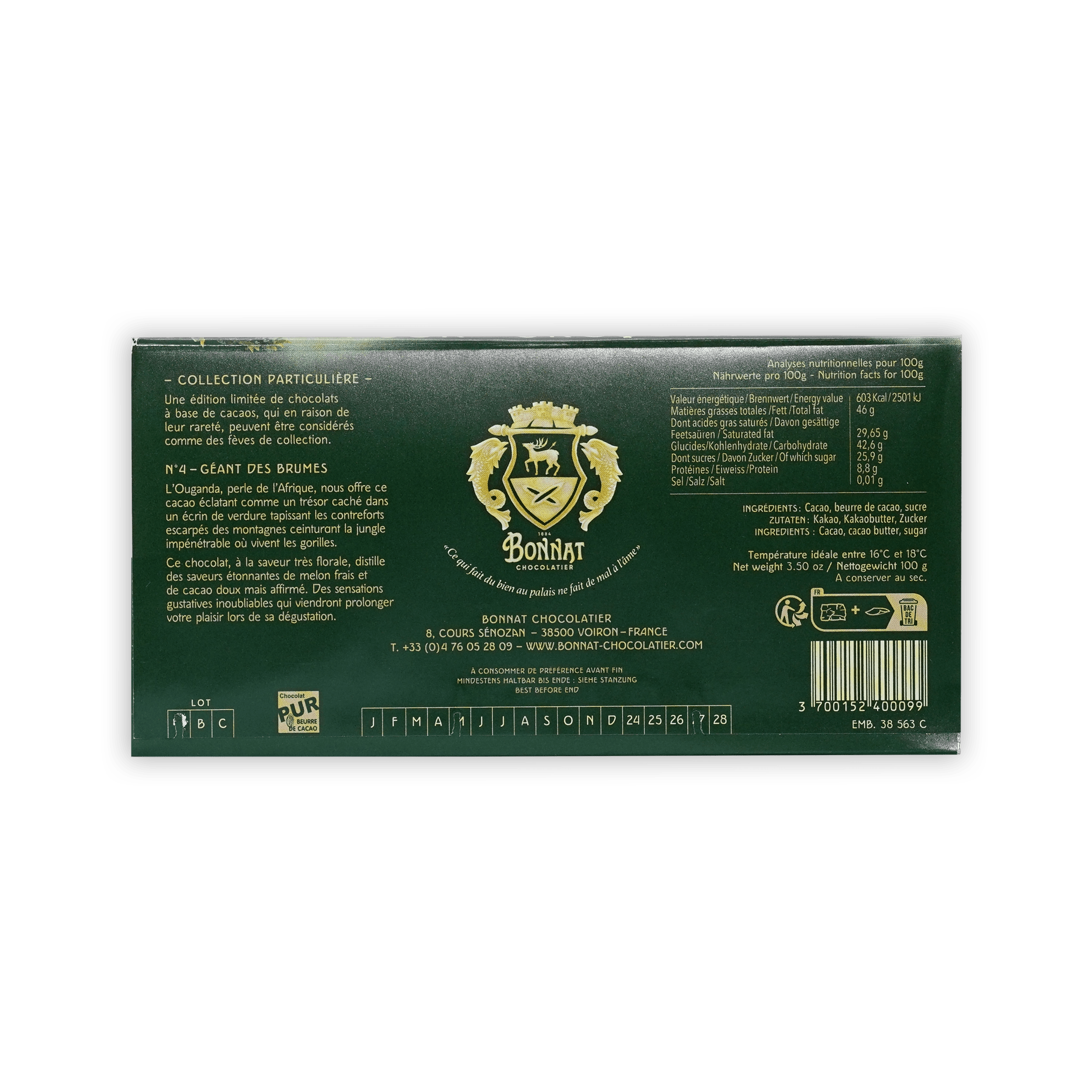 Green chartreuese chocolate packaging with Bonnat logo on a white background