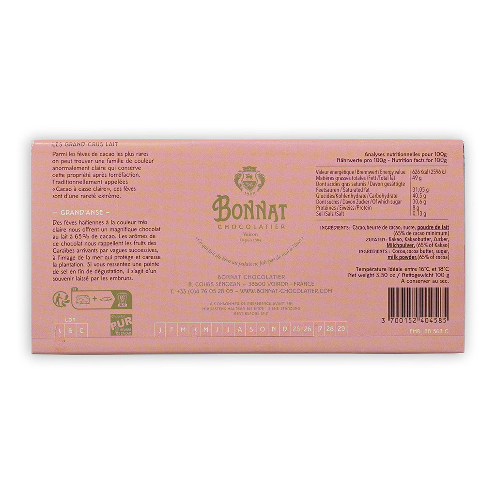 Bonnat Grand’Anse Haiti Milk 65% pink box with gold lettering crest