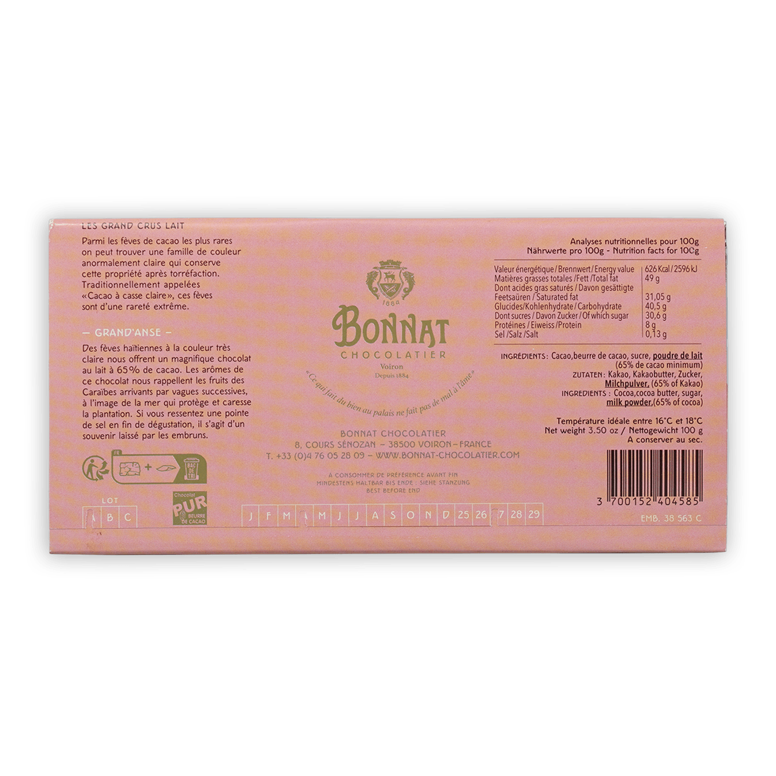 Bonnat Grand’Anse Haiti Milk 65% pink box with gold lettering crest