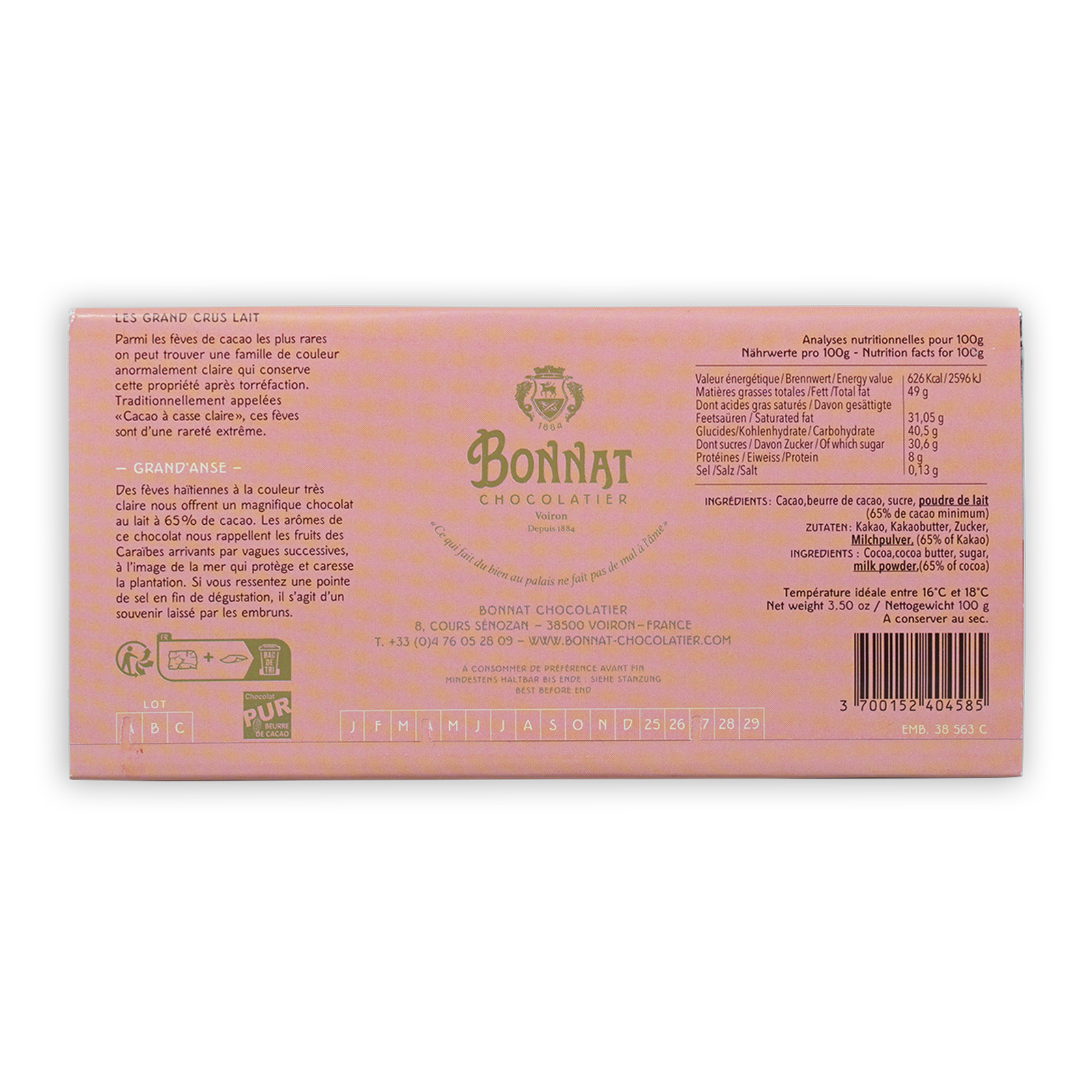 Bonnat Grand’Anse Haiti Milk 65% pink box with gold lettering crest