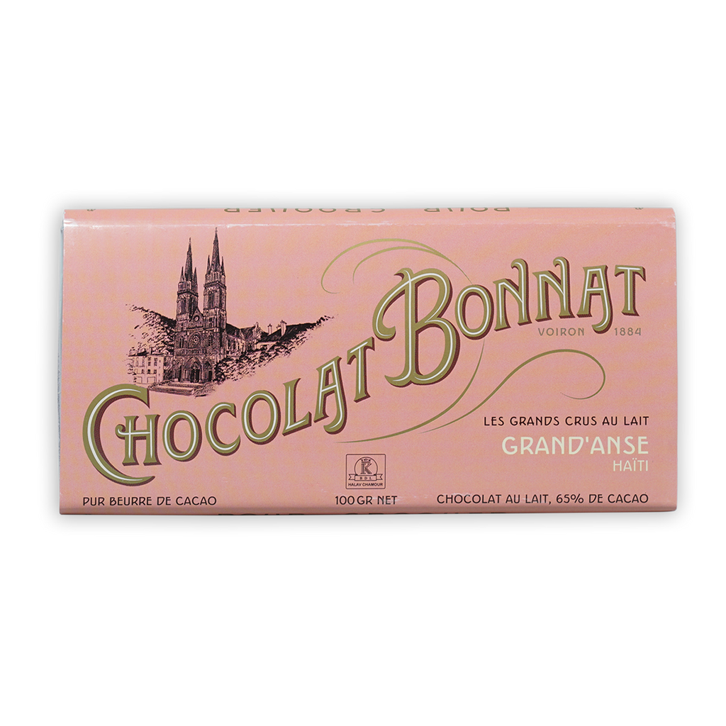 Bonnat Grand’Anse Haiti Milk 65% pink wrapper with gold text and cathedral illustration