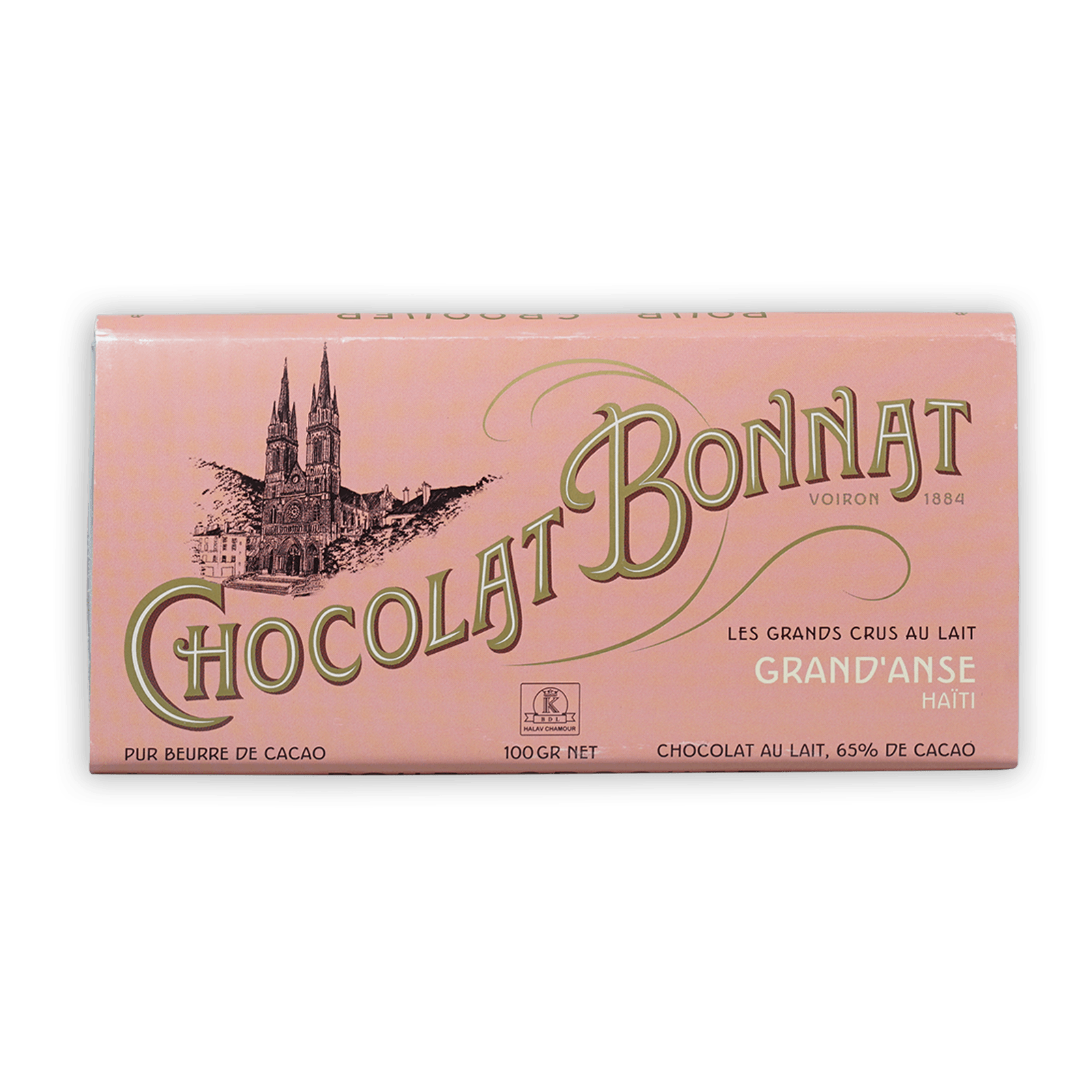 Bonnat Grand’Anse Haiti Milk 65% pink wrapper with gold text and cathedral illustration