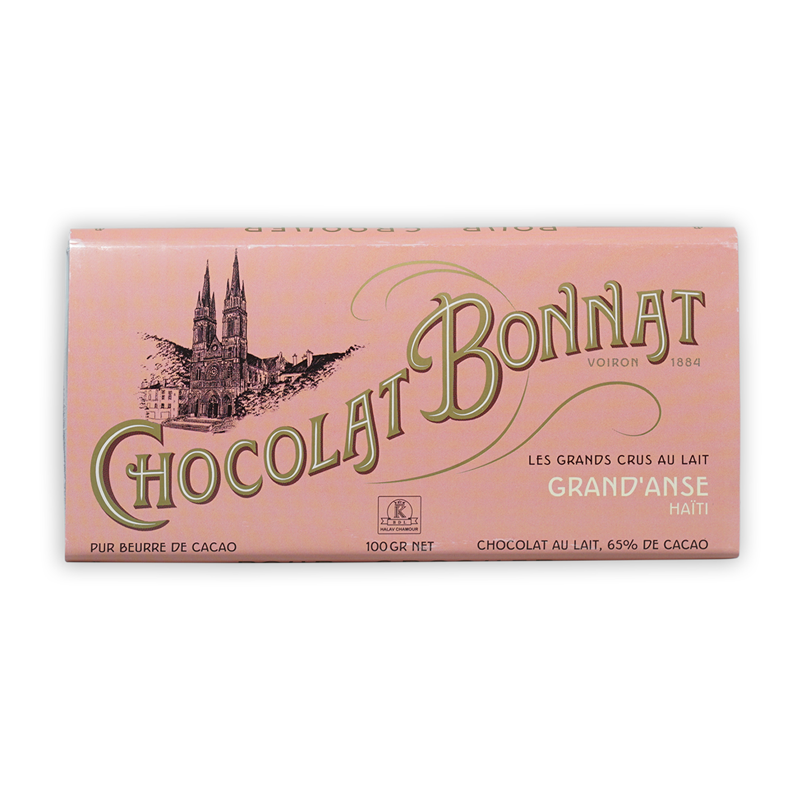 Bonnat Grand’Anse Haiti Milk 65% pink wrapper with gold text and cathedral illustration