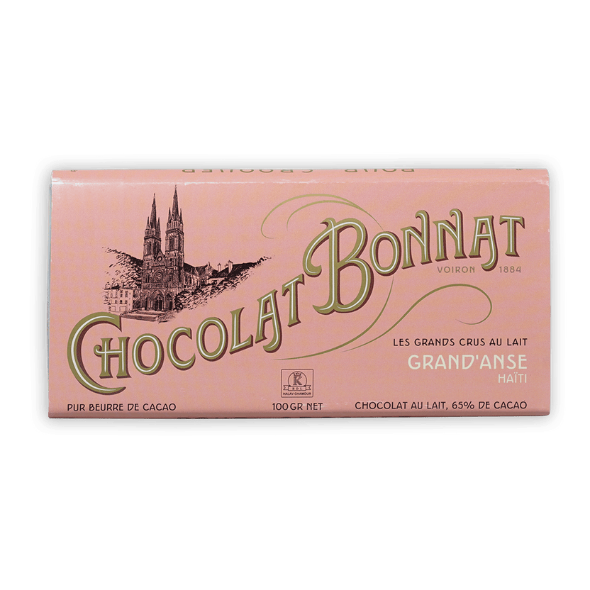 Bonnat Grand’Anse Haiti Milk 65% pink wrapper with gold text and cathedral illustration
