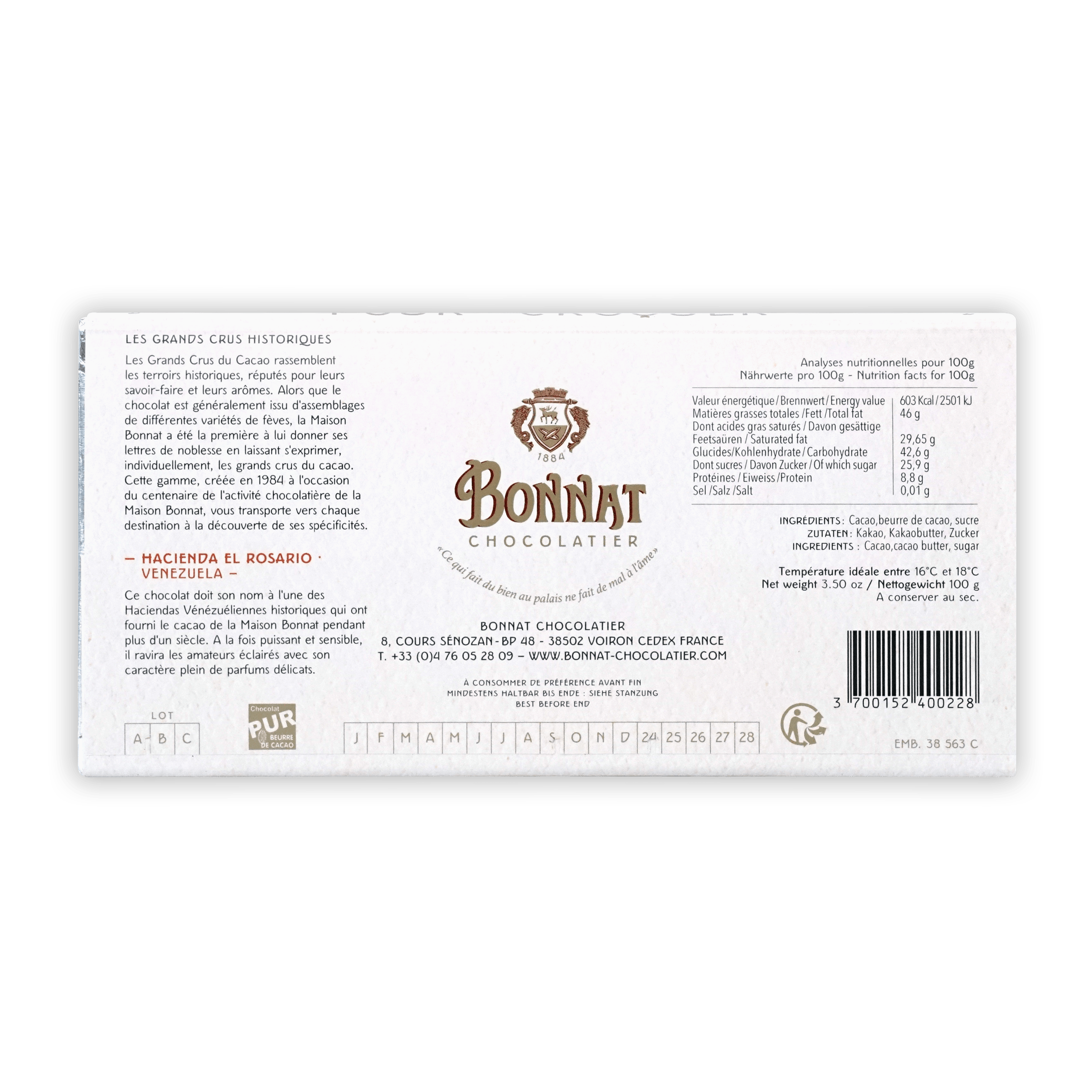 Bonnat Hacienda El Rosario 75% white box with gold crest logo