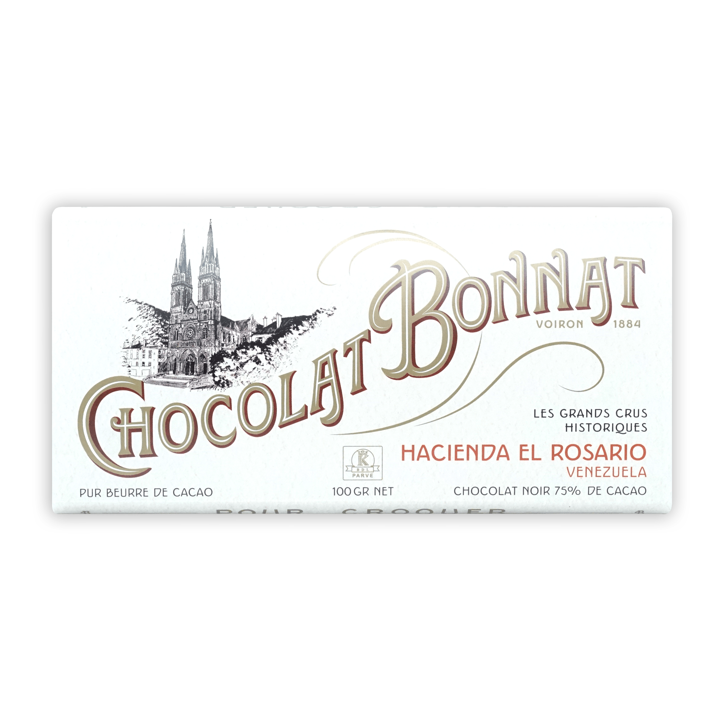 Bonnat Hacienda El Rosario 75% white chocolate bar wrapper with gold lettering and cathedral illustration