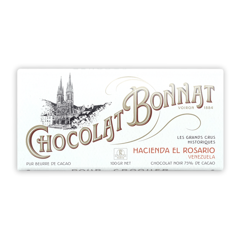 Bonnat Hacienda El Rosario 75% white chocolate bar wrapper with gold lettering and cathedral illustration