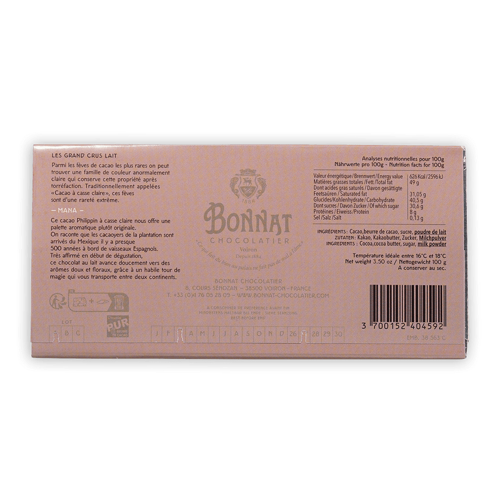 Bonnat Mana Philippines Milk 65% pink box with gold lettering crest