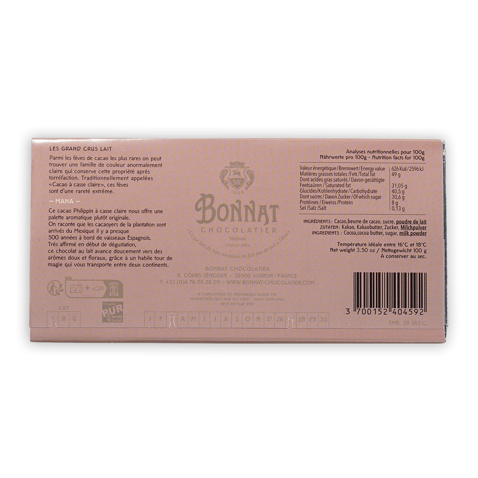 Bonnat Mana Philippines Milk 65% pink box with gold lettering crest