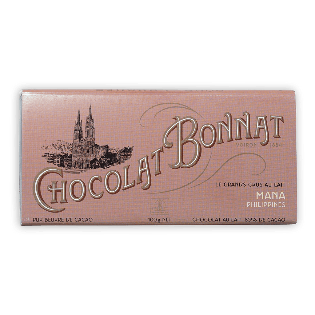 Bonnat Mana Philippines Milk 65% pink bar with gold lettering and cathedral illustration