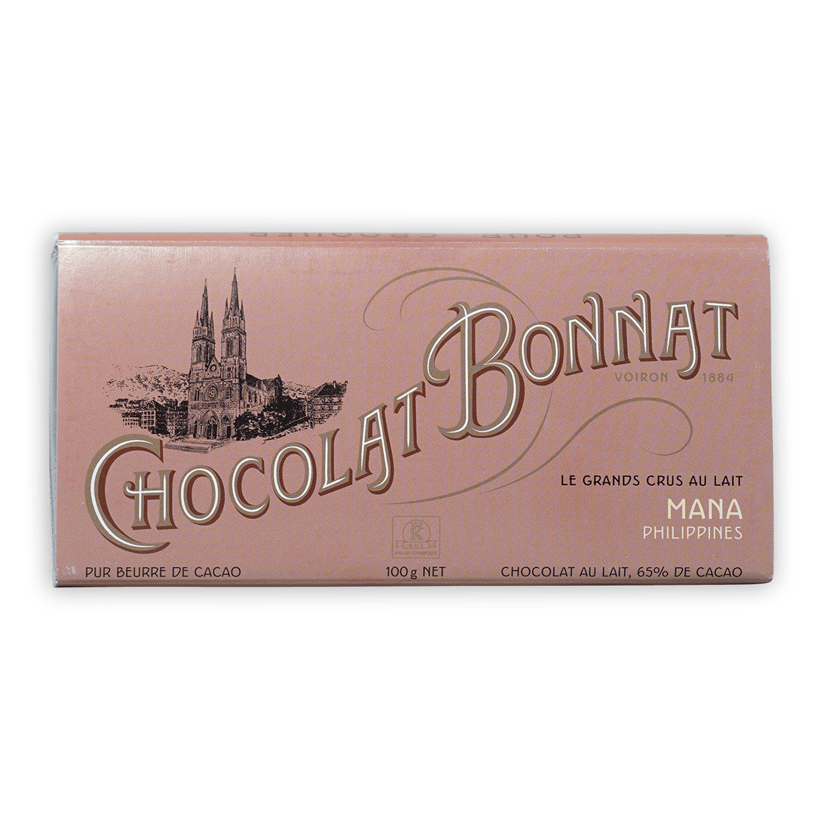 Bonnat Mana Philippines Milk 65% pink bar with gold lettering and cathedral illustration