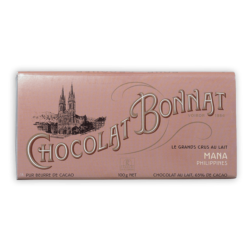 Bonnat Mana Philippines Milk 65% pink bar with gold lettering and cathedral illustration