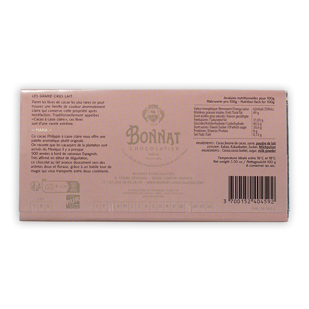 Bonnat Mana Philippines Milk 65% pink box with gold lettering crest