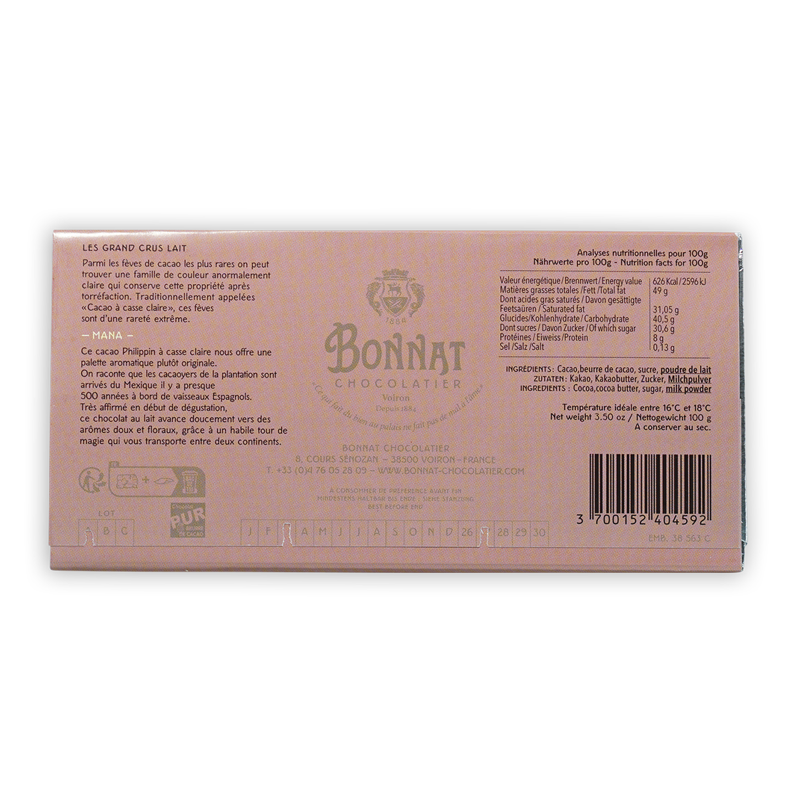 Bonnat Mana Philippines Milk 65% pink box with gold lettering crest