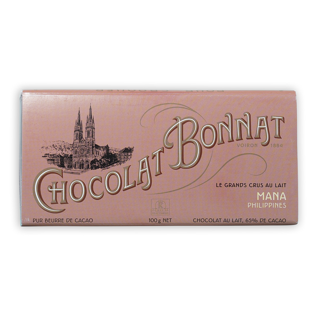 Bonnat Mana Philippines Milk 65% pink bar with gold lettering and cathedral illustration
