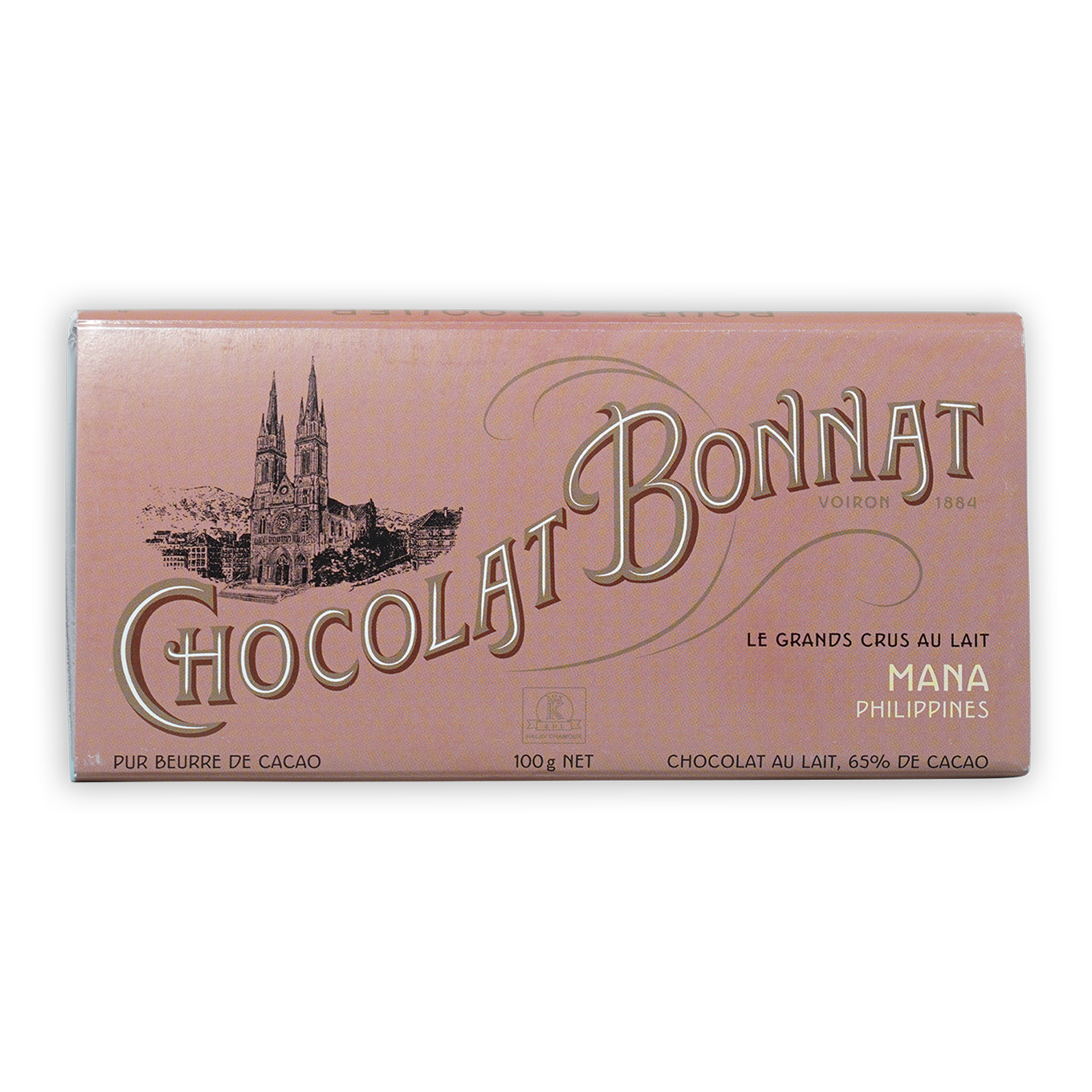 Bonnat Mana Philippines Milk 65% pink bar with gold lettering and cathedral illustration