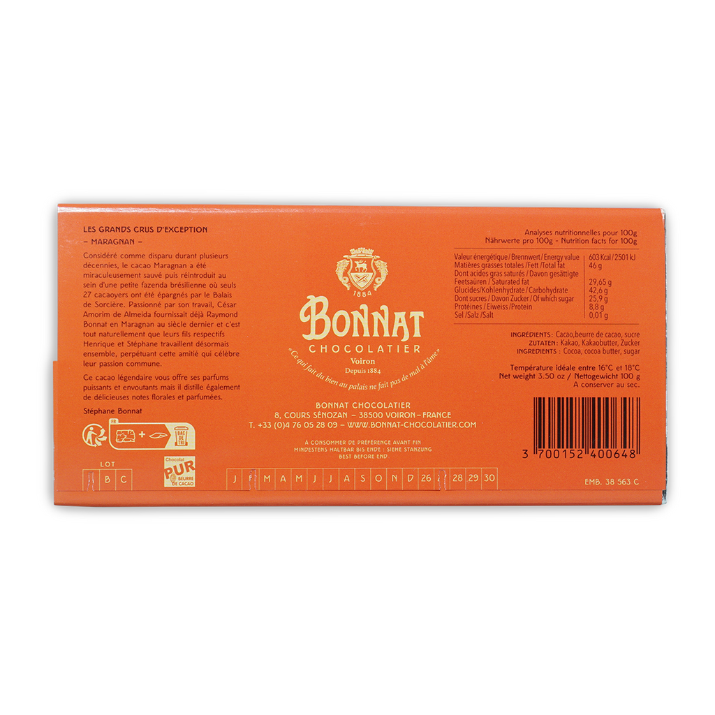 Bonnat Maragnan Brazil 75% orange box with gold lettering crest