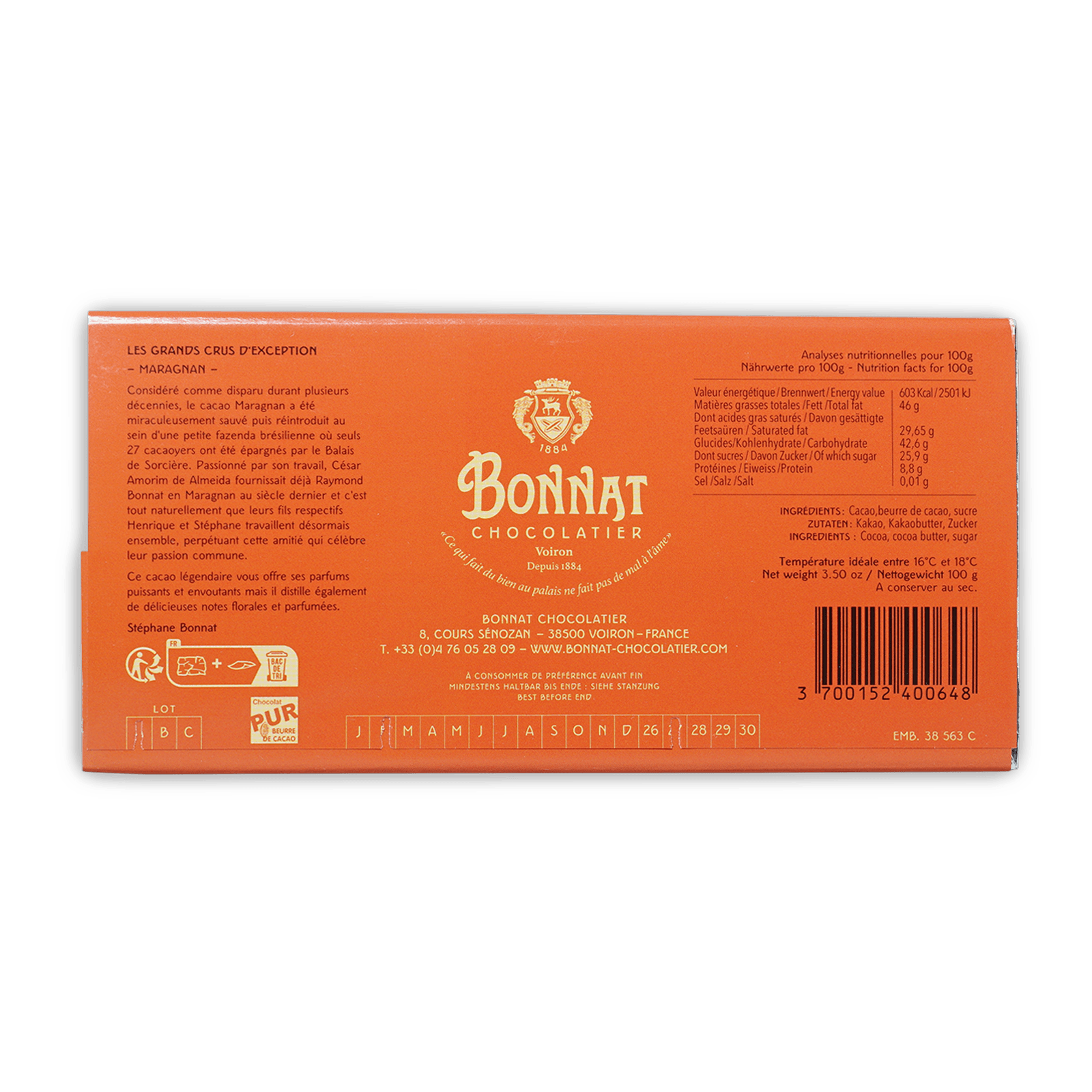 Bonnat Maragnan Brazil 75% orange box with gold lettering crest