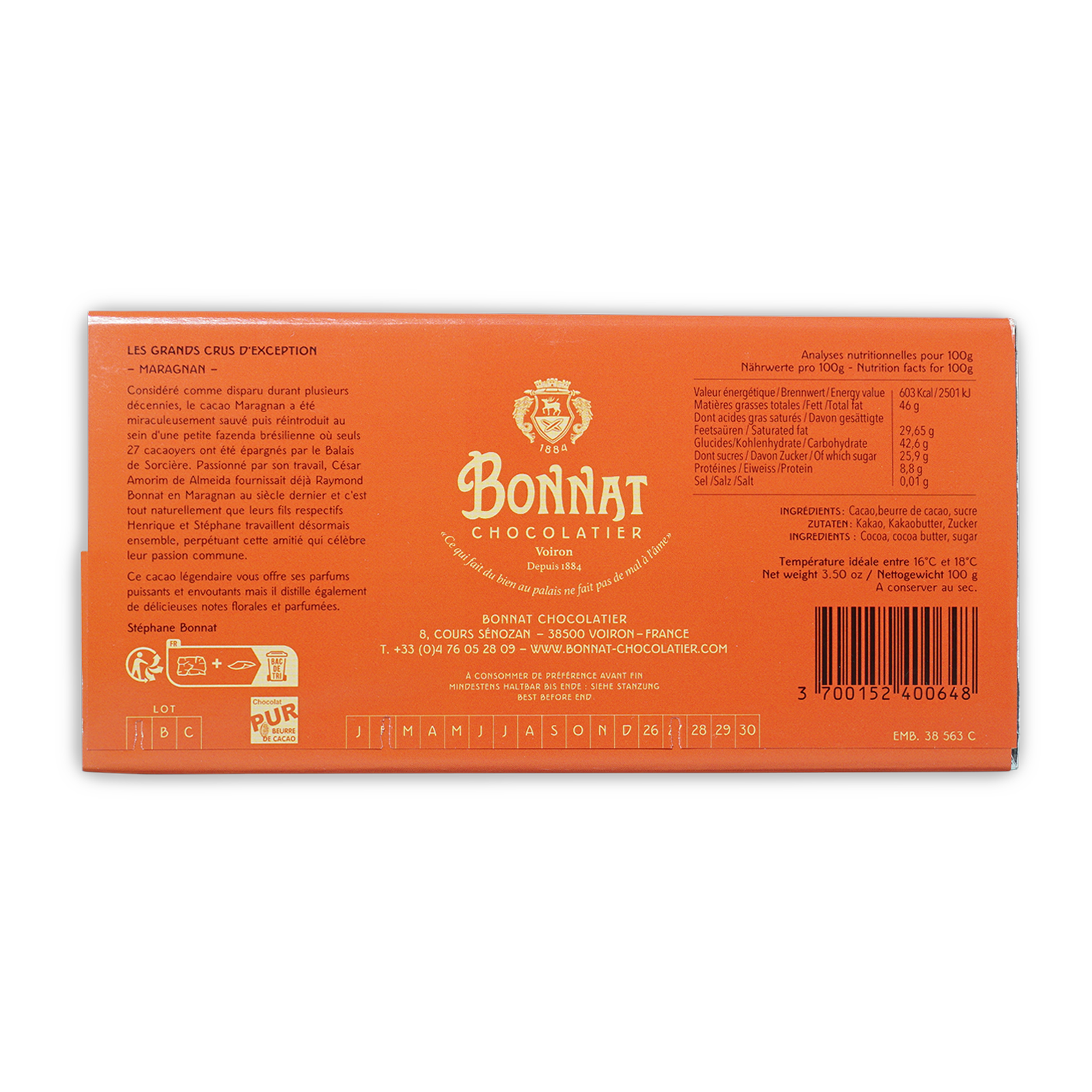 Bonnat Maragnan Brazil 75% orange box with gold lettering crest