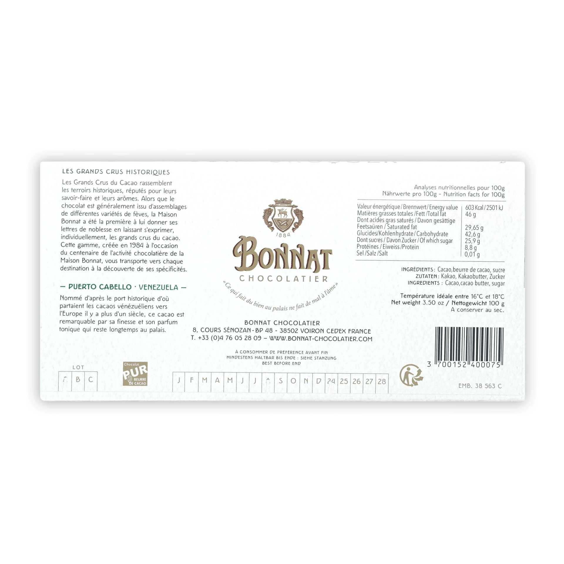 Bonnat Puerto Cabello 75% dark chocolate bar packaging