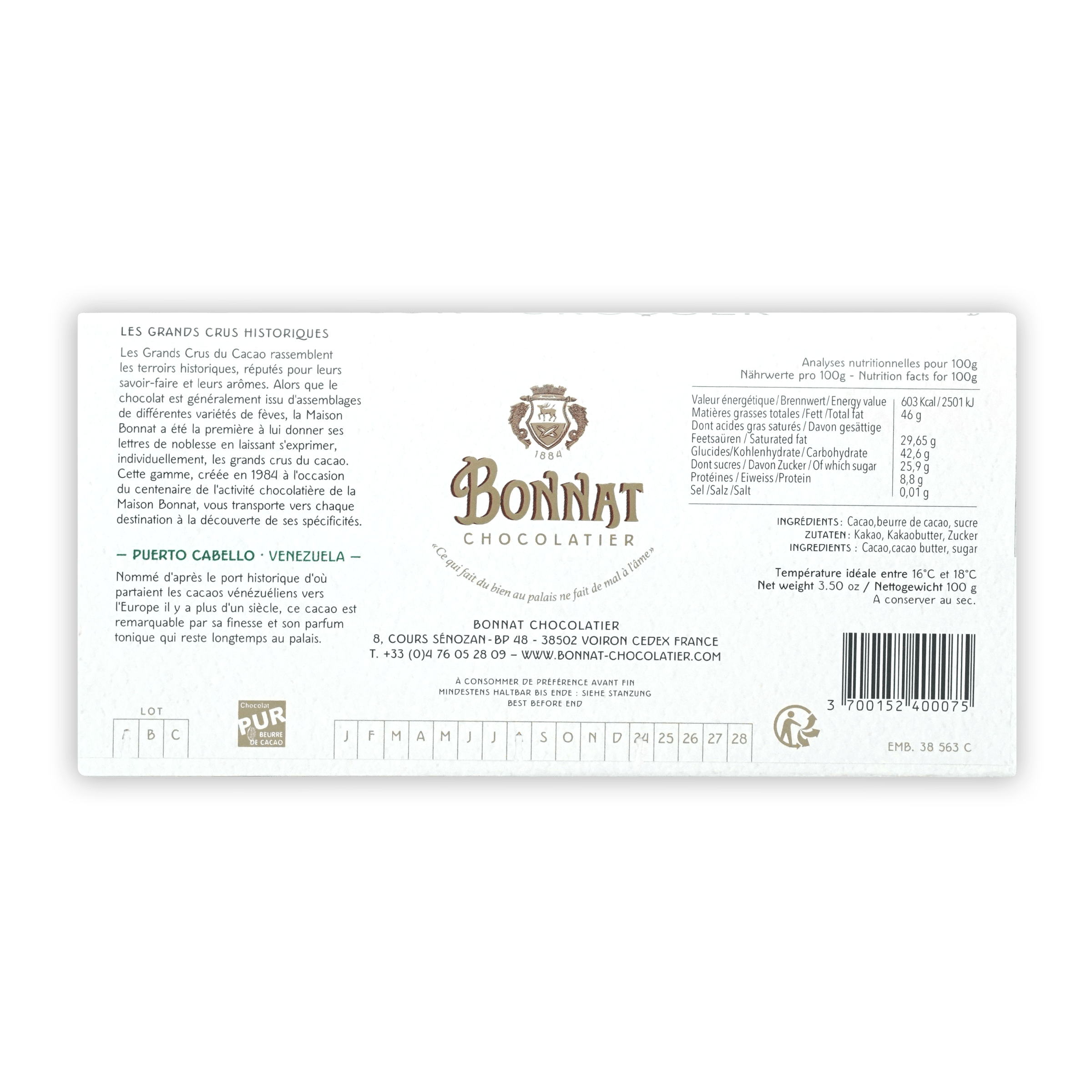 Bonnat Puerto Cabello 75% dark chocolate bar packaging
