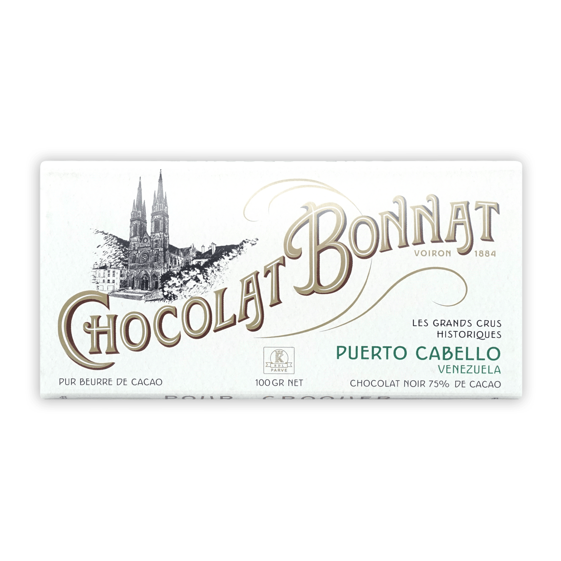 Bonnat Puerto Cabello Venezuela 75% white chocolate bar wrapper with gold teal lettering cathedral illustration