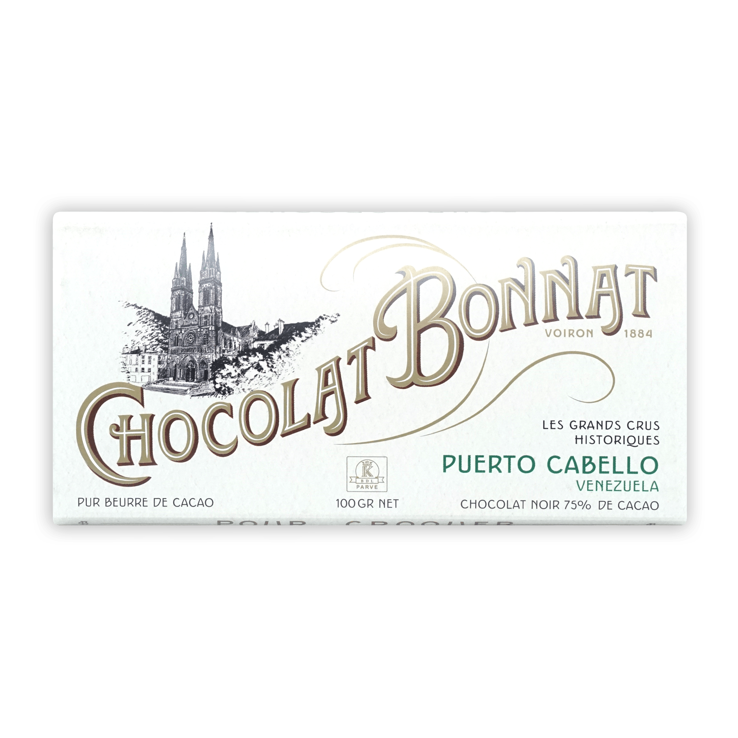 Bonnat Puerto Cabello Venezuela 75% white chocolate bar wrapper with gold teal lettering cathedral illustration