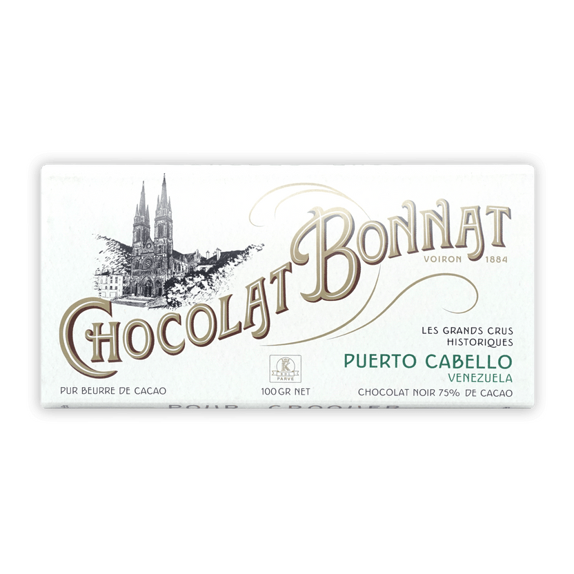 Bonnat Puerto Cabello Venezuela 75% white chocolate bar wrapper with gold teal lettering cathedral illustration
