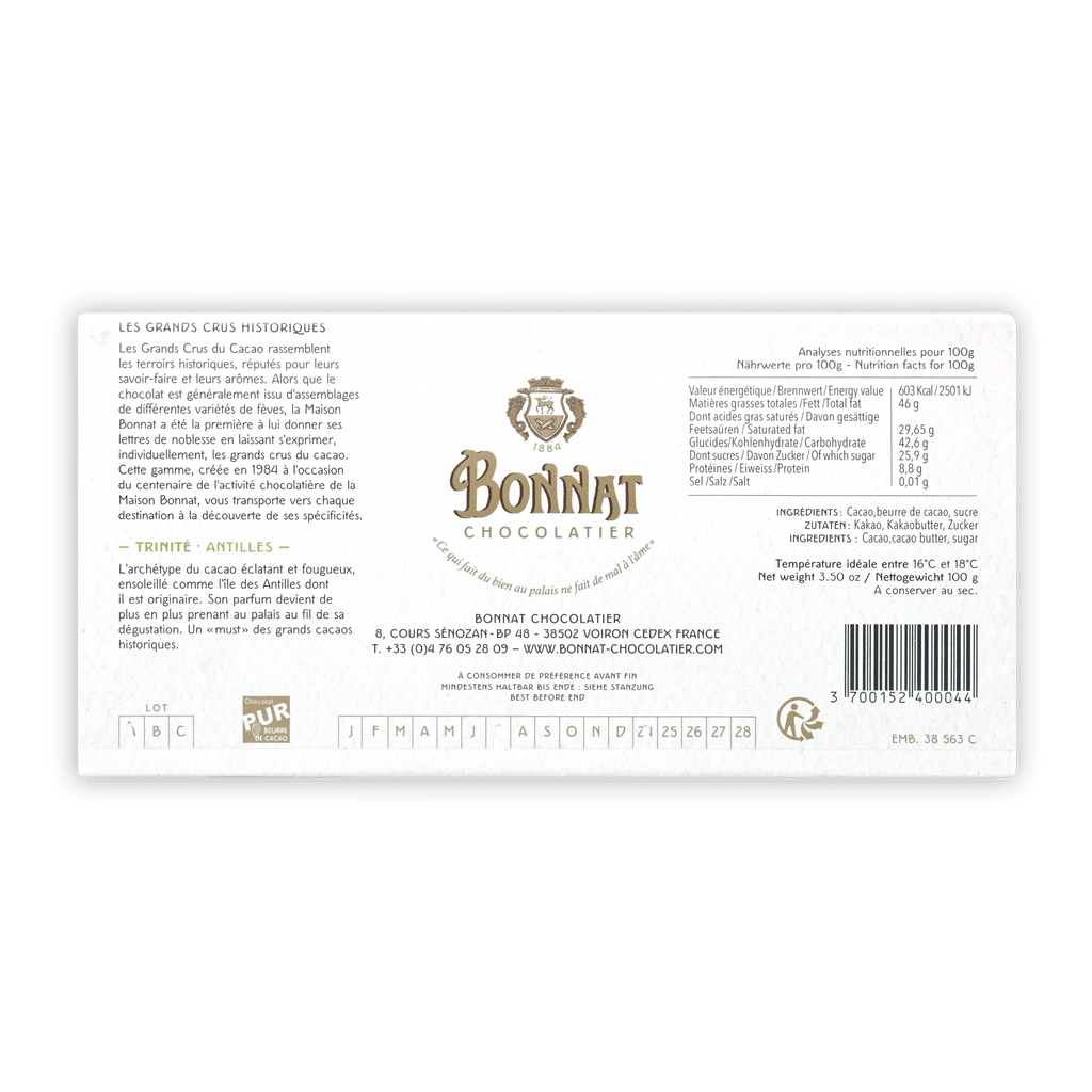 Bonnat Trinite Trinidad 75% dark chocolate bar label