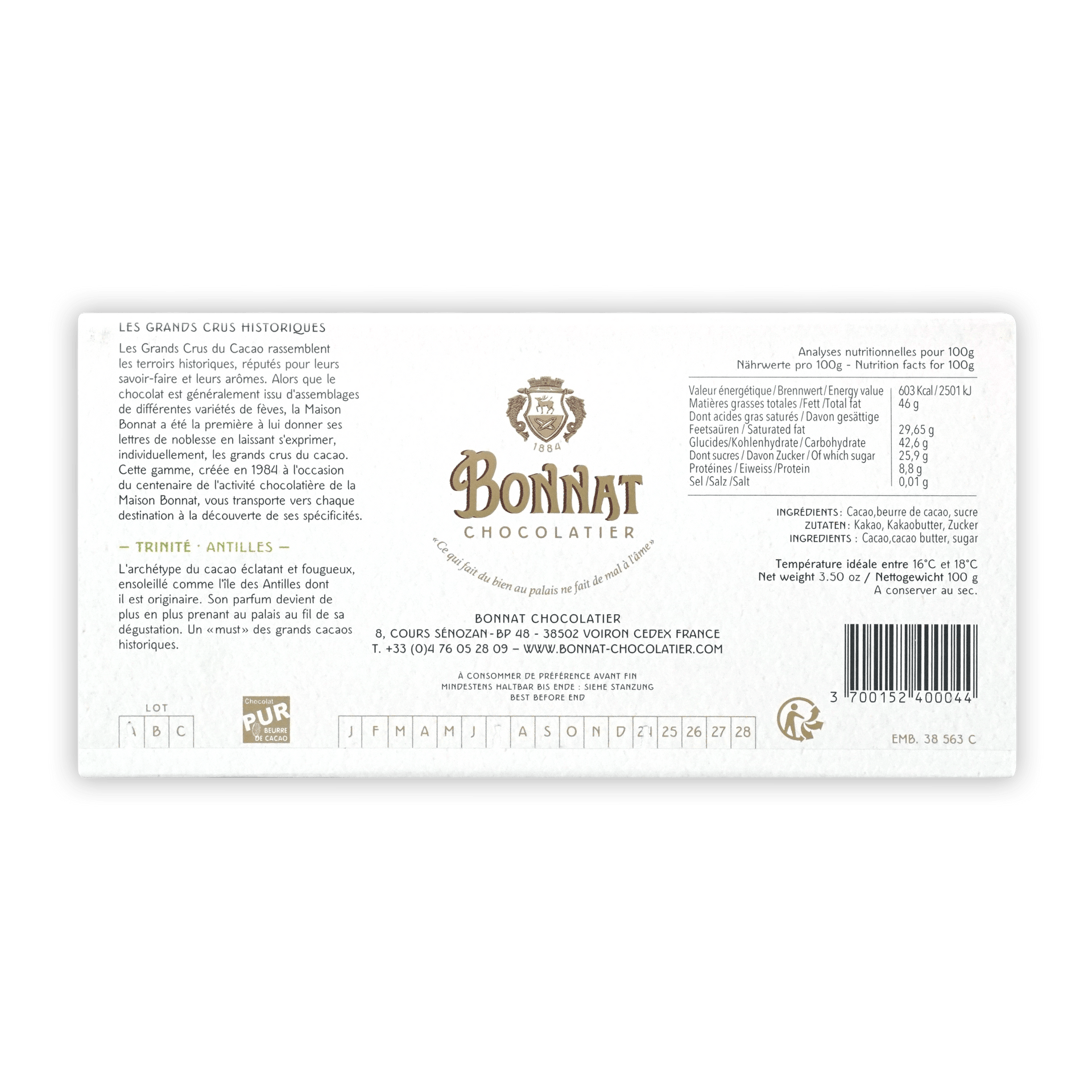 Bonnat Trinite Trinidad 75% dark chocolate bar label
