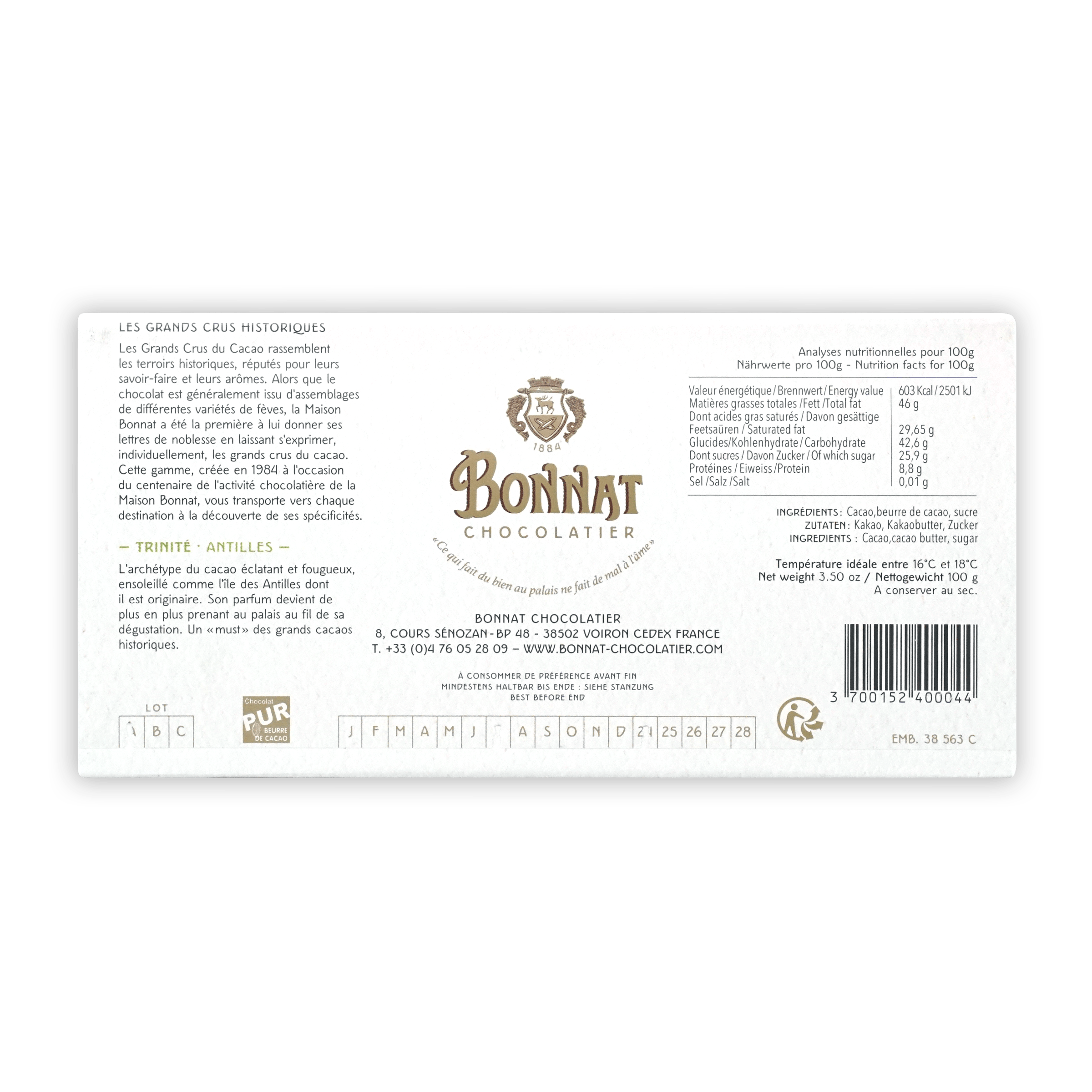 Bonnat Trinite Trinidad 75% dark chocolate bar label