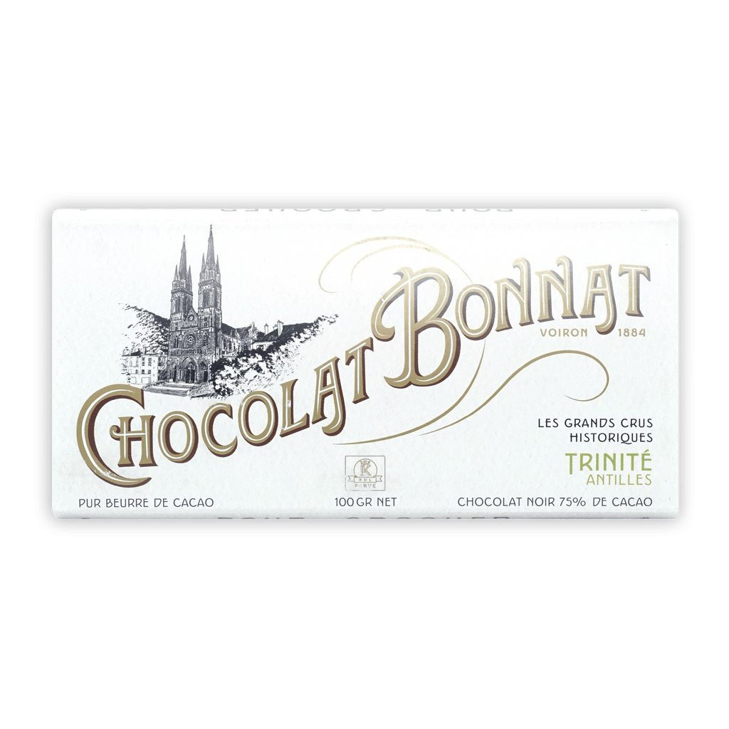 Bonnat Trinite Trinidad 75% dark chocolate bar wrapper with cathedral illustration