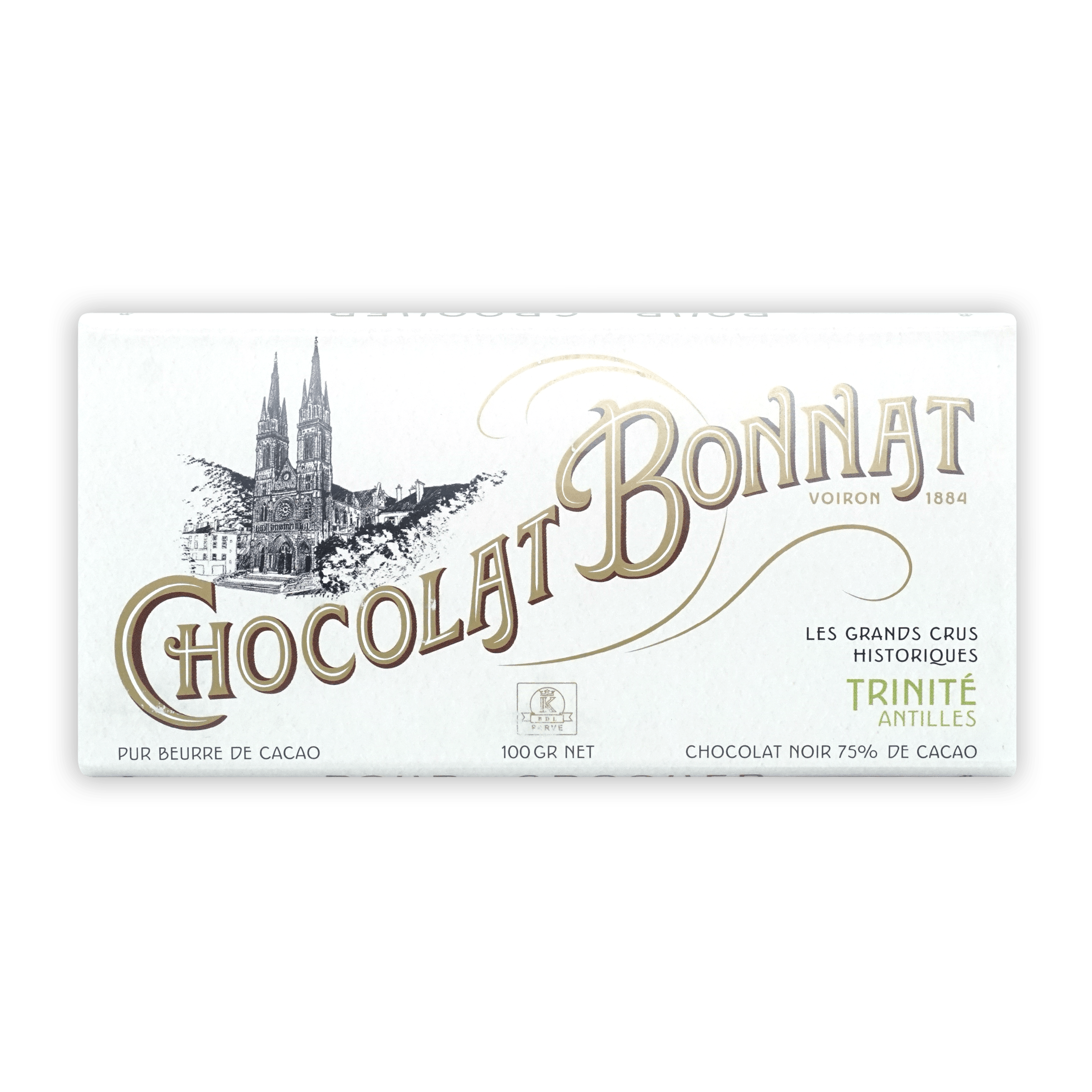 Bonnat Trinite Trinidad 75% dark chocolate bar wrapper with cathedral illustration