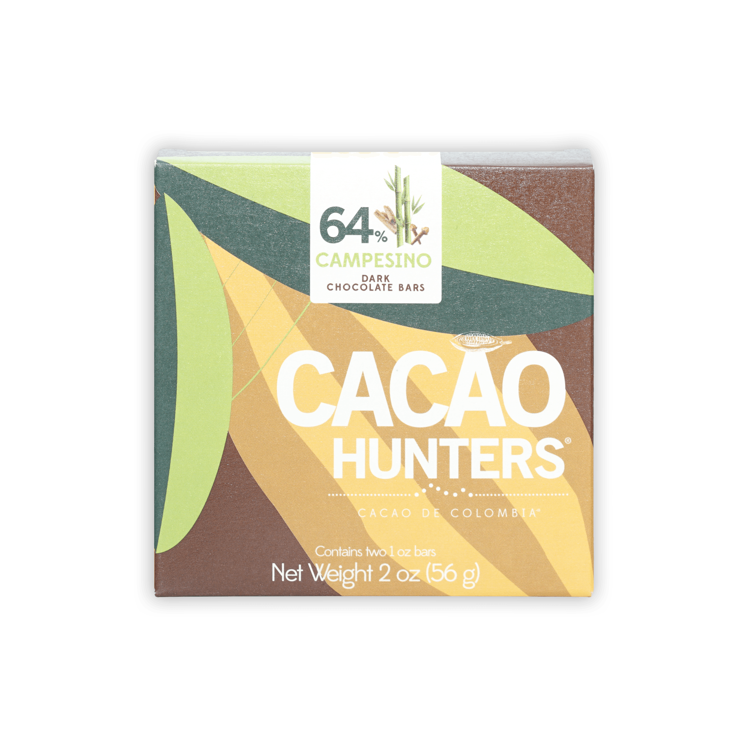 Cacao Hunters 64% Dark Chocolate Campesino bar in leaf box