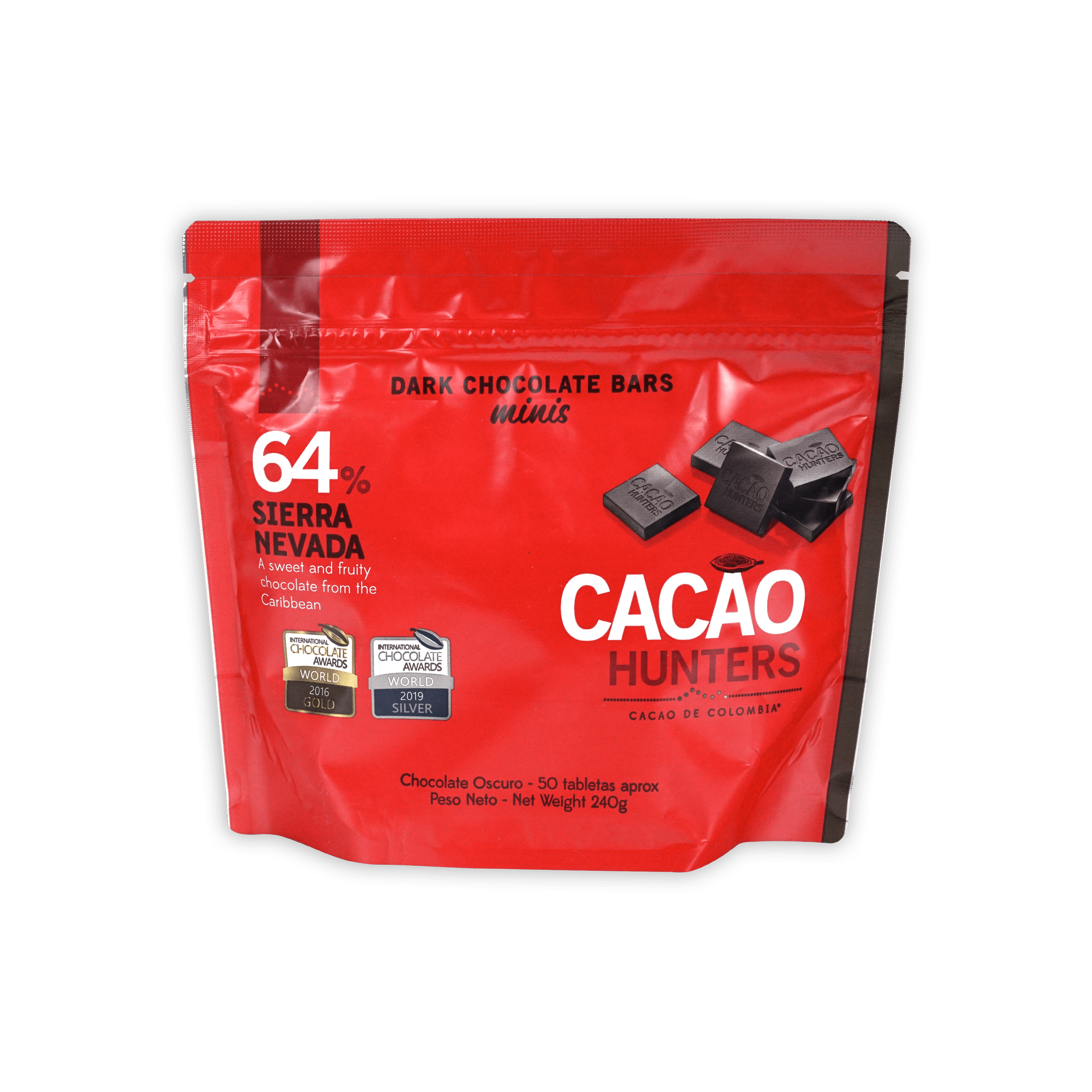 Red resealable pouch of Cacao Hunters 64% Sierra Nevada dark chocolate minis