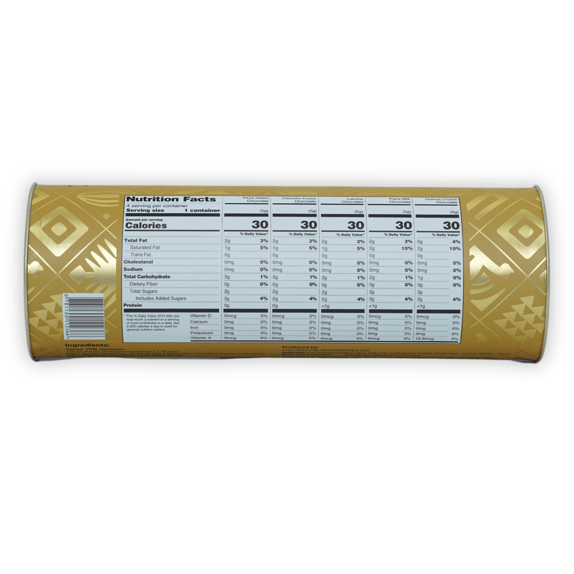 Cacaosuyo Assorted Napolitans Tube back with nutrition label