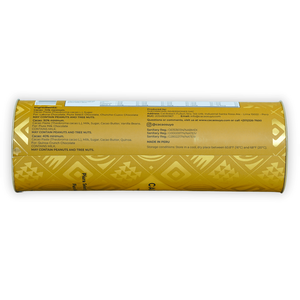 Cacaosuyo Assorted Napolitans Tube: yellow cacaoauyo chocolate with gold patterns