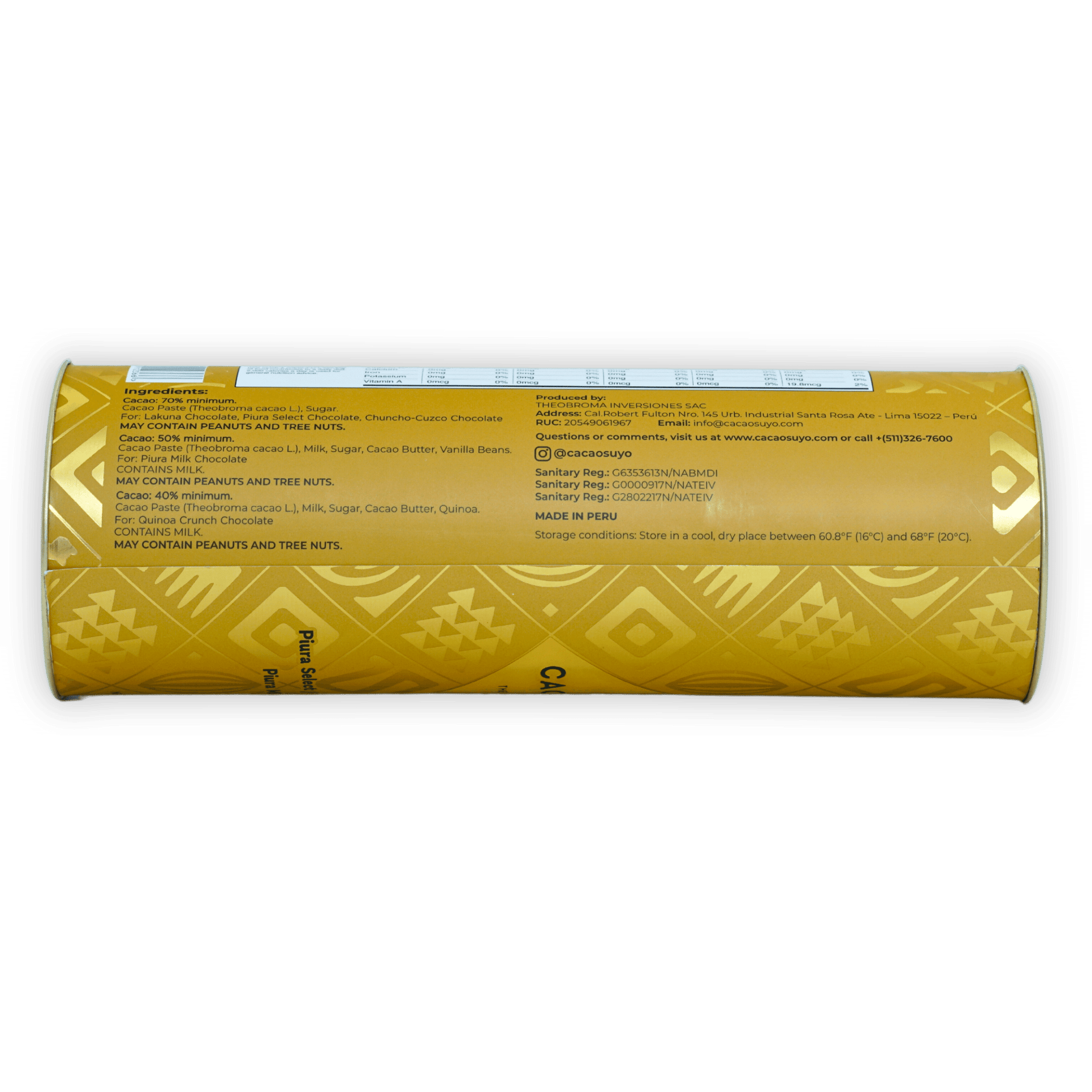 Cacaosuyo Assorted Napolitans Tube: yellow cacaoauyo chocolate with gold patterns
