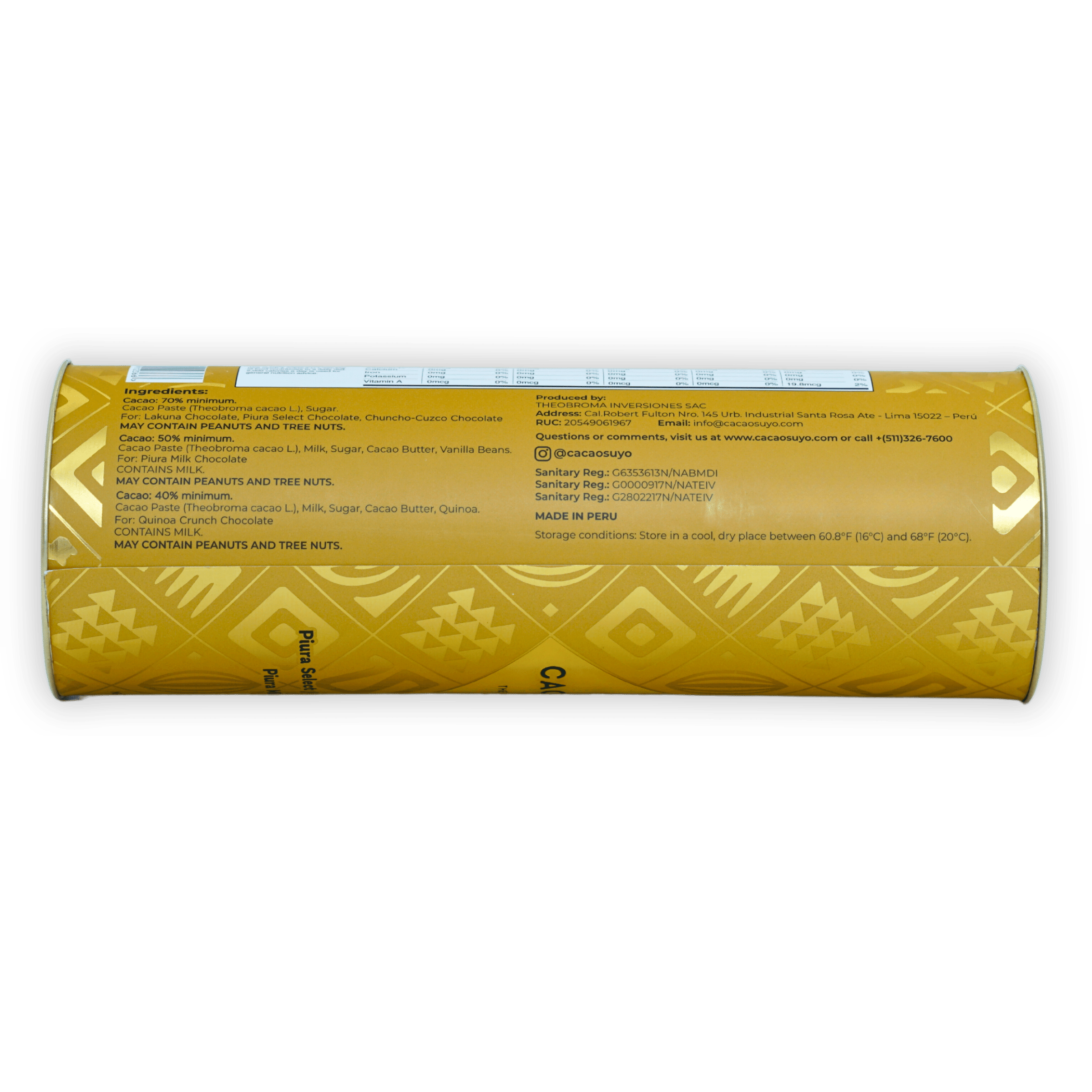 Cacaosuyo Assorted Napolitans Tube: yellow cacaoauyo chocolate with gold patterns