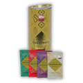 Cacaosuyo assorted napolitans tube: gold cylindrical packaging with cacao motifs