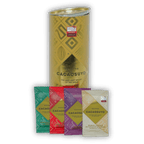Cacaosuyo assorted napolitans tube: gold cylindrical packaging with cacao motifs