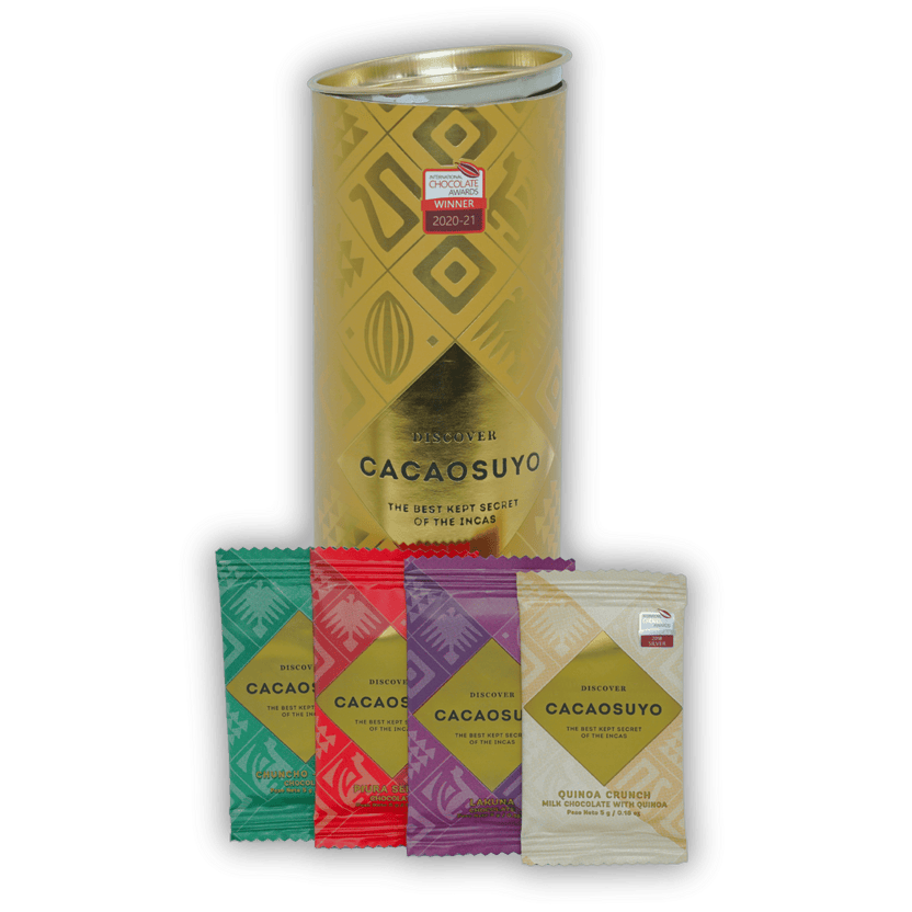 Cacaosuyo assorted napolitans tube: gold cylindrical packaging with cacao motifs