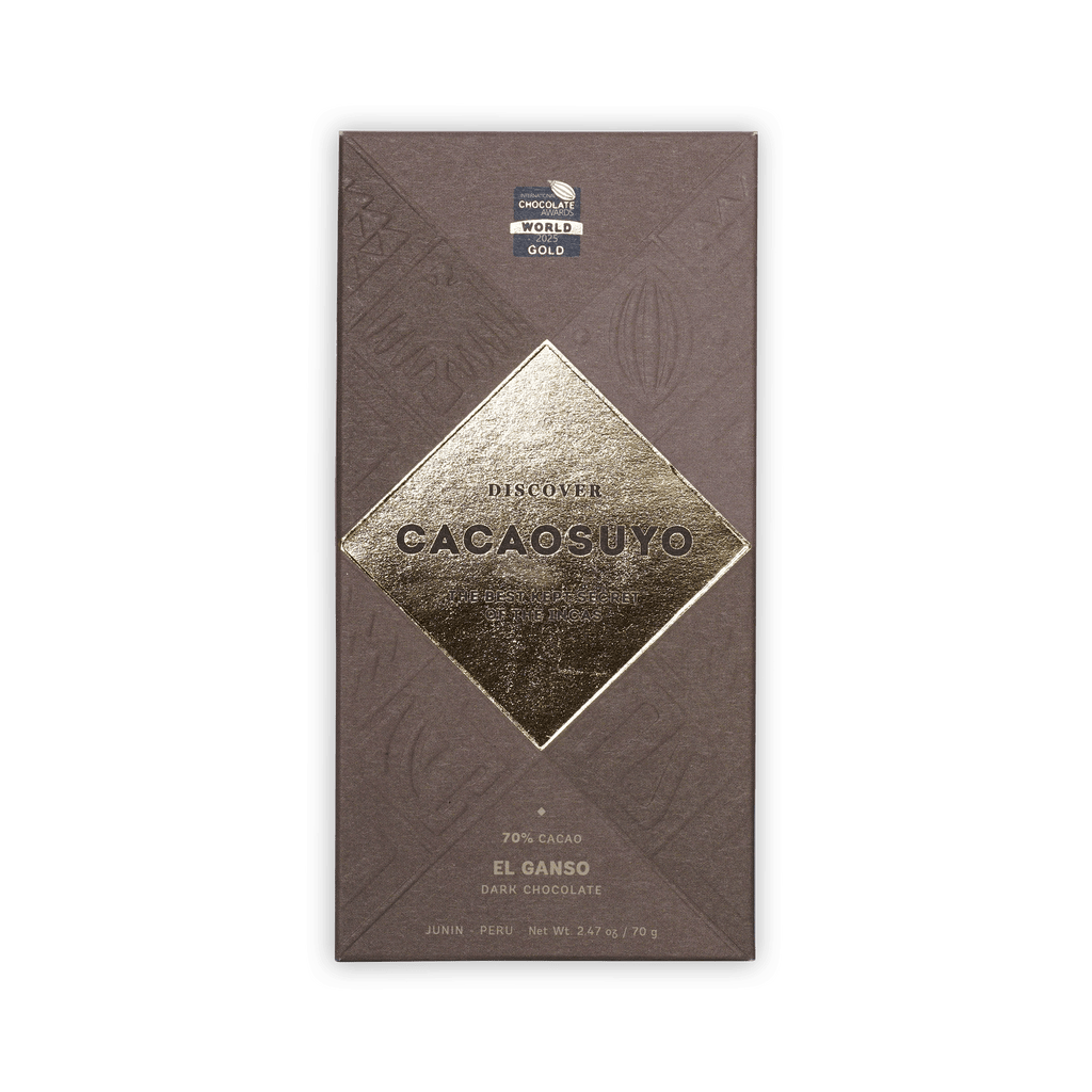 Cacaosuyo El Ganso bar, taupe box with embossed pattern and gold diamond logo, 70% Cacao, Junin Peru, Gold award seal, 70g