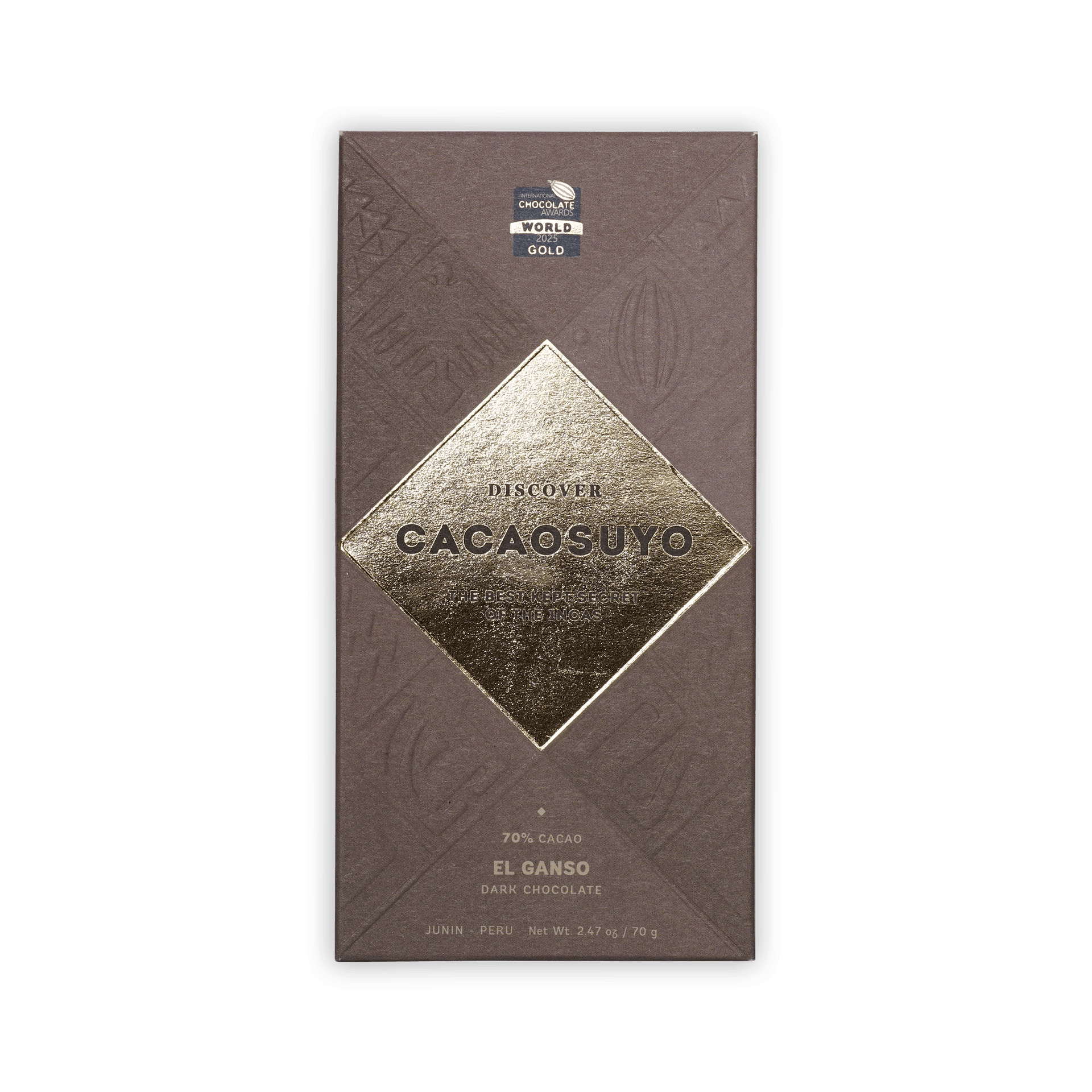 Cacaosuyo El Ganso bar, taupe box with embossed pattern and gold diamond logo, 70% Cacao, Junin Peru, Gold award seal, 70g