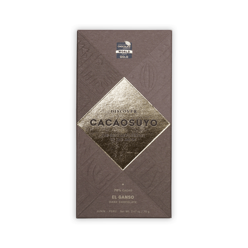 Cacaosuyo El Ganso bar, taupe box with embossed pattern and gold diamond logo, 70% Cacao, Junin Peru, Gold award seal, 70g